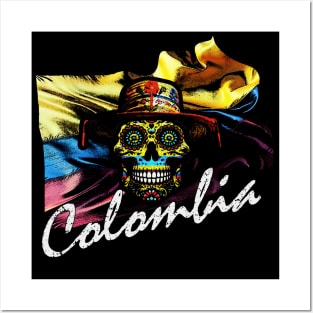 Distressed Colombian Pride Sugar Skull Flag Neon Art Posters and Art